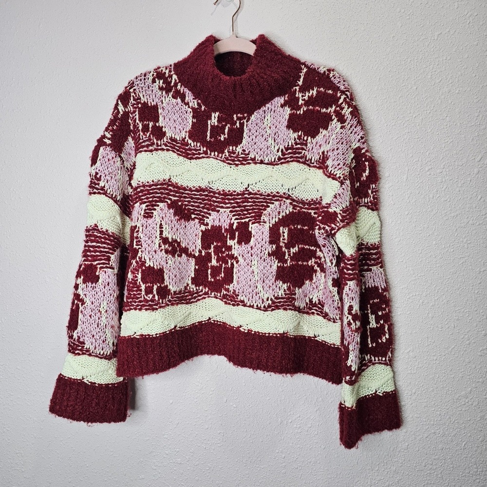Anthropologie Burgundy Pink Textured‎ Chunky Knit Turtleneck Sweater M Soft Cozy